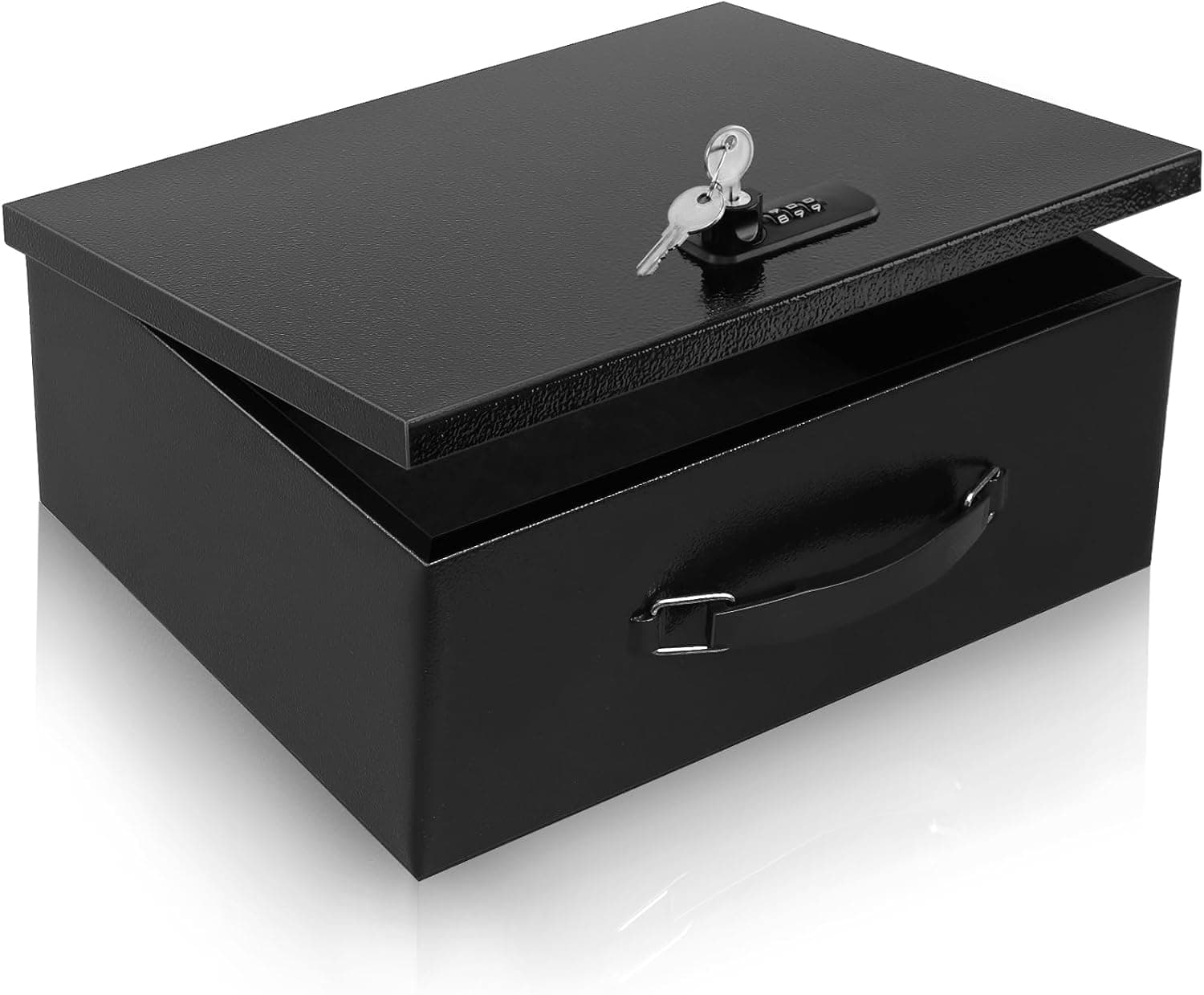Dalmbox Cofre de metal portátil com combinação dupla e fechadura com chave – Armazenamento resistente ao fogo para documentos, carro, casa e exterior – Caixa preta grande de 33,5 x 28 x 13 cm