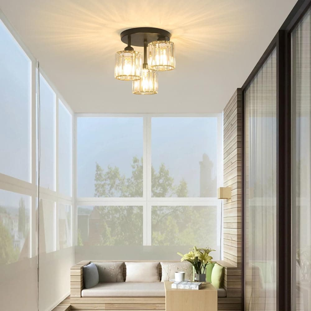 Luminária de teto de cristal seminivelada, 3 luzes modernas perto do teto, luminárias pretas de cozinha com sombra de cristal transparente, luminárias de corredor para corredor, quarto, banheiro, E26 - Imagem 3