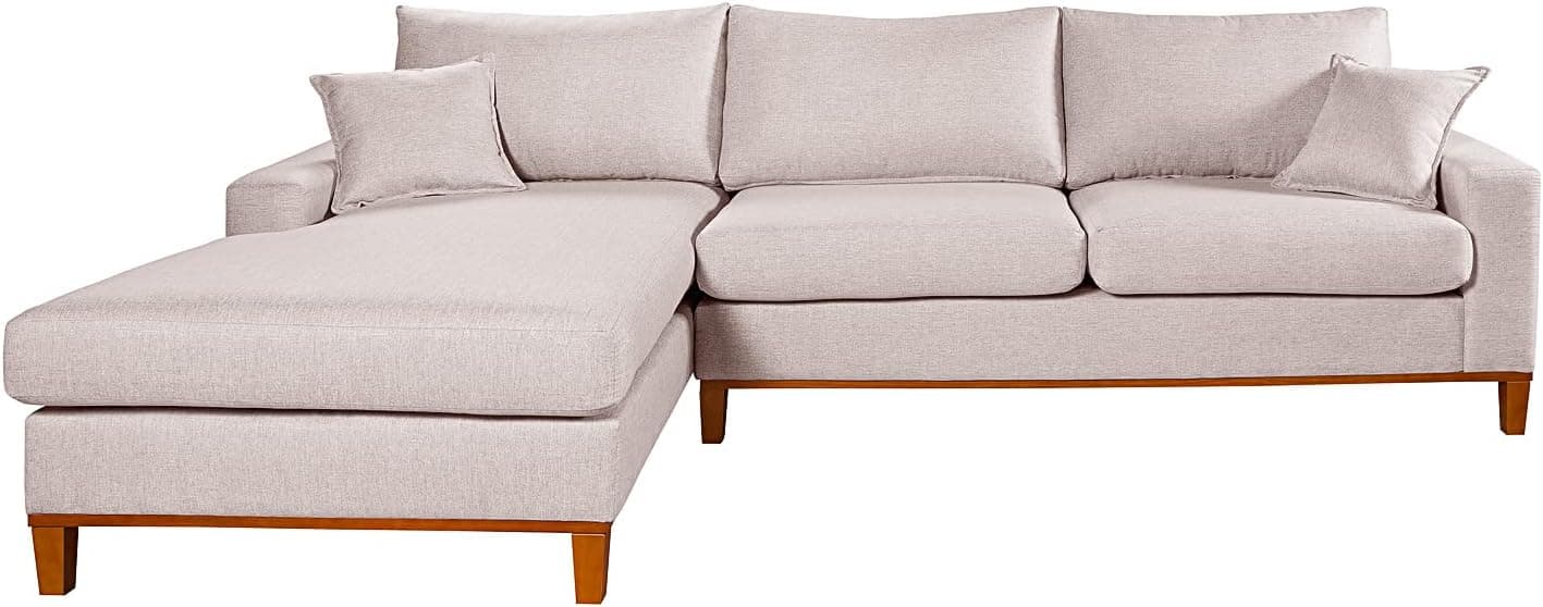 Sofa Living California 4 Lugares Chaise Lado Direito Revestido Linho Base Madeira Cor:Champagne
