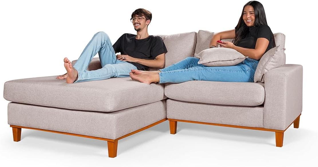 Sofá Paris 2 Lugares Living Com Chaise Essencial Estofados (Lado Direito, Bege)