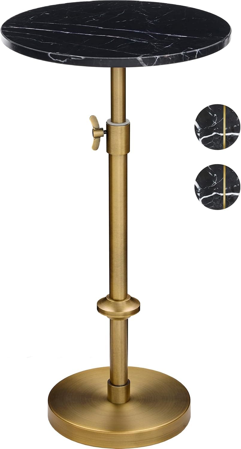 Mesa de bebida de mármore de altura ajustável – 30 x 30 x 56 – 76, mármore preto e latão antigo, mesa de canto redonda moderna, mesa lateral com suporte de pedestal para espaços pequenos, detalhe de
