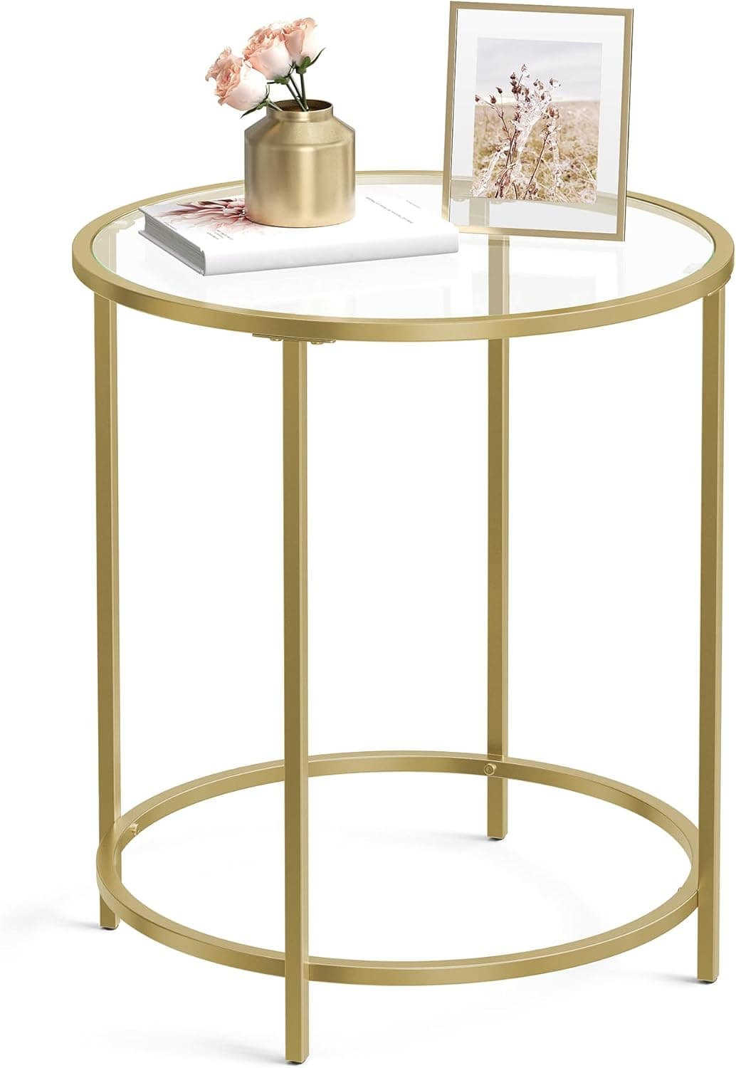 Mesa lateral redonda de vidro, mesa de extremidade de vidro temperado com moldura de metal dourado, mesa de café pequena, mesa de cabeceira, sala de estar, varanda, robusta e estável, decorativa, ouro ULGT20G
