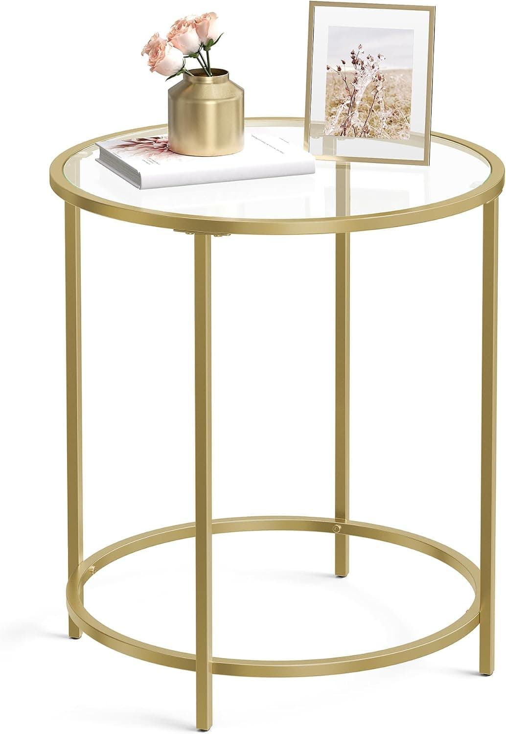 Mesa lateral redonda de vidro, mesa de extremidade de vidro temperado com moldura de metal dourado, mesa de café pequena, mesa de cabeceira, sala de estar, varanda, robusta e estável, decorativa, ouro ULGT20G