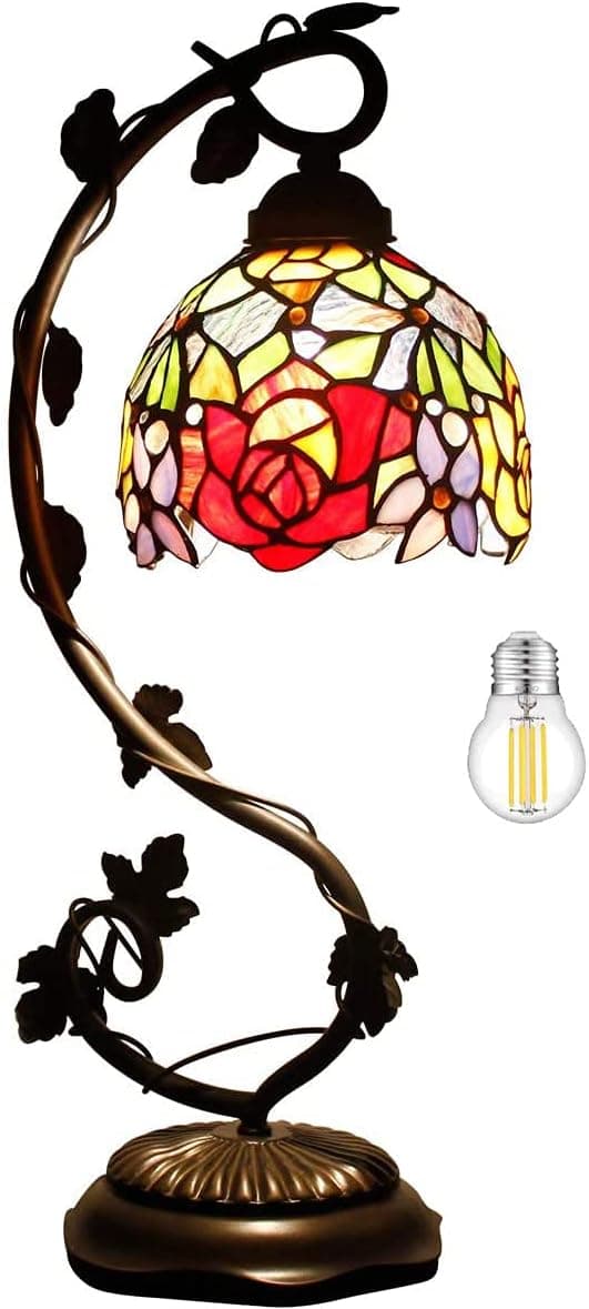 Abajur de cabeceira rosa, luminária de mesa Tiffany com sombra de vidro manchado luz de mesa de leitura 53,3 cm de altura folha metálica fina base industrial rústica para namorada quarto sala de estar WERFACTORY Lâmpada LED melhor