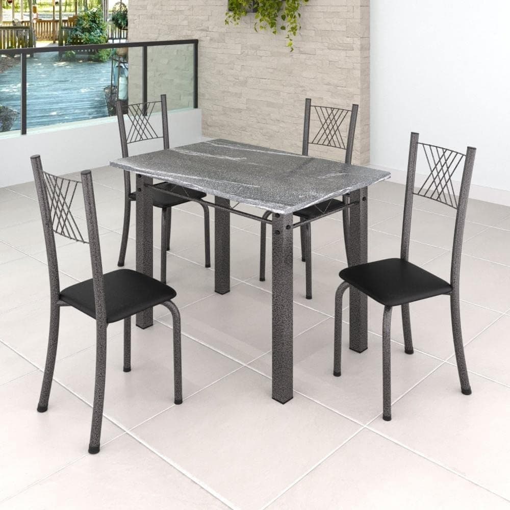 Conjunto Mesa com 4 Cadeiras Tampo de Granito Topázio Sara Preto Liso/Martelado Prata