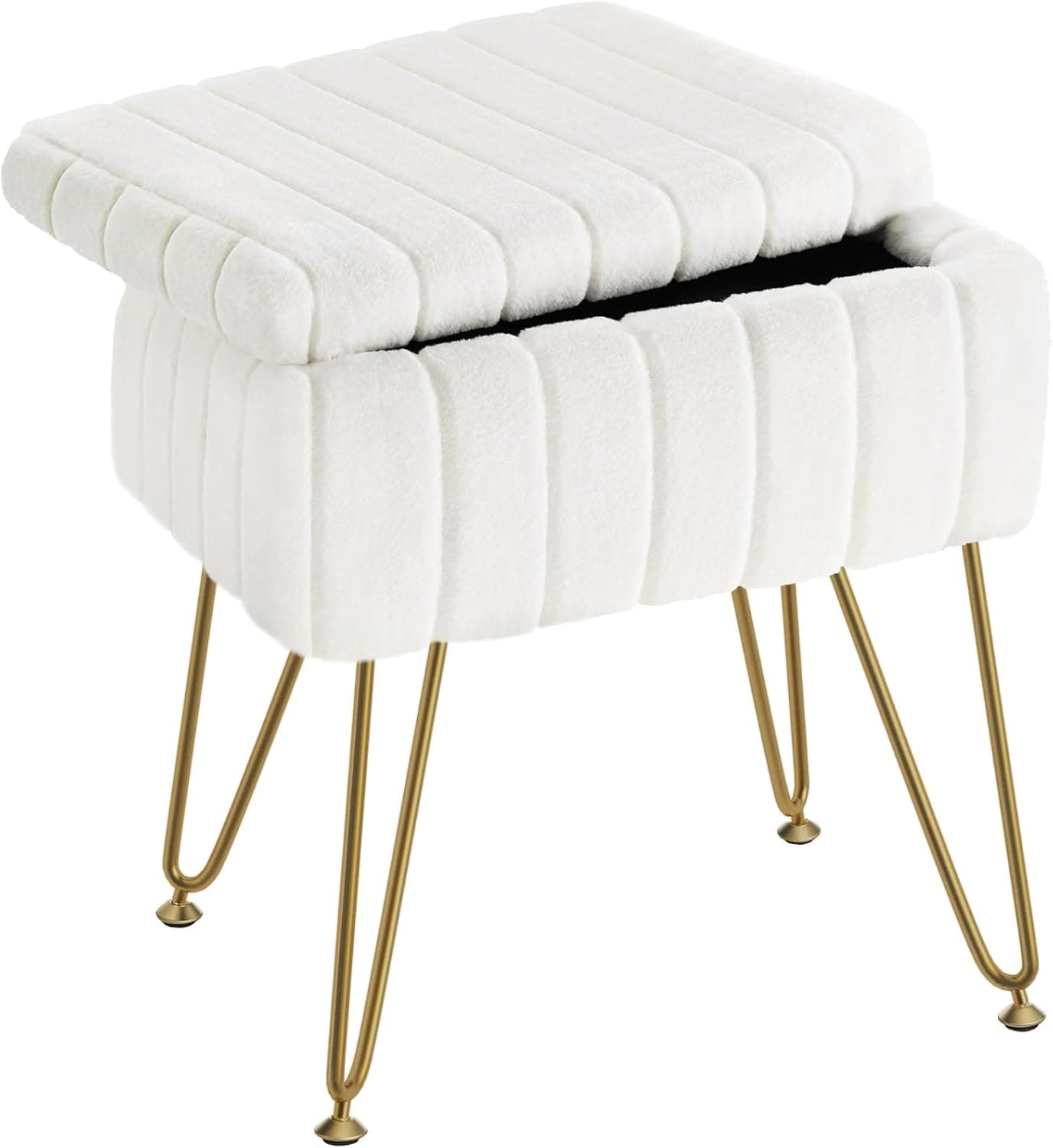 Greenstell Cadeira Vanity Stool de pele sintética com armazenamento, 38 cm C x 29 cm L x 40 cm A (4 polegadas) pufe macio, 4 pernas de metal com pés antiderrapantes, assento acolchoado peludo,