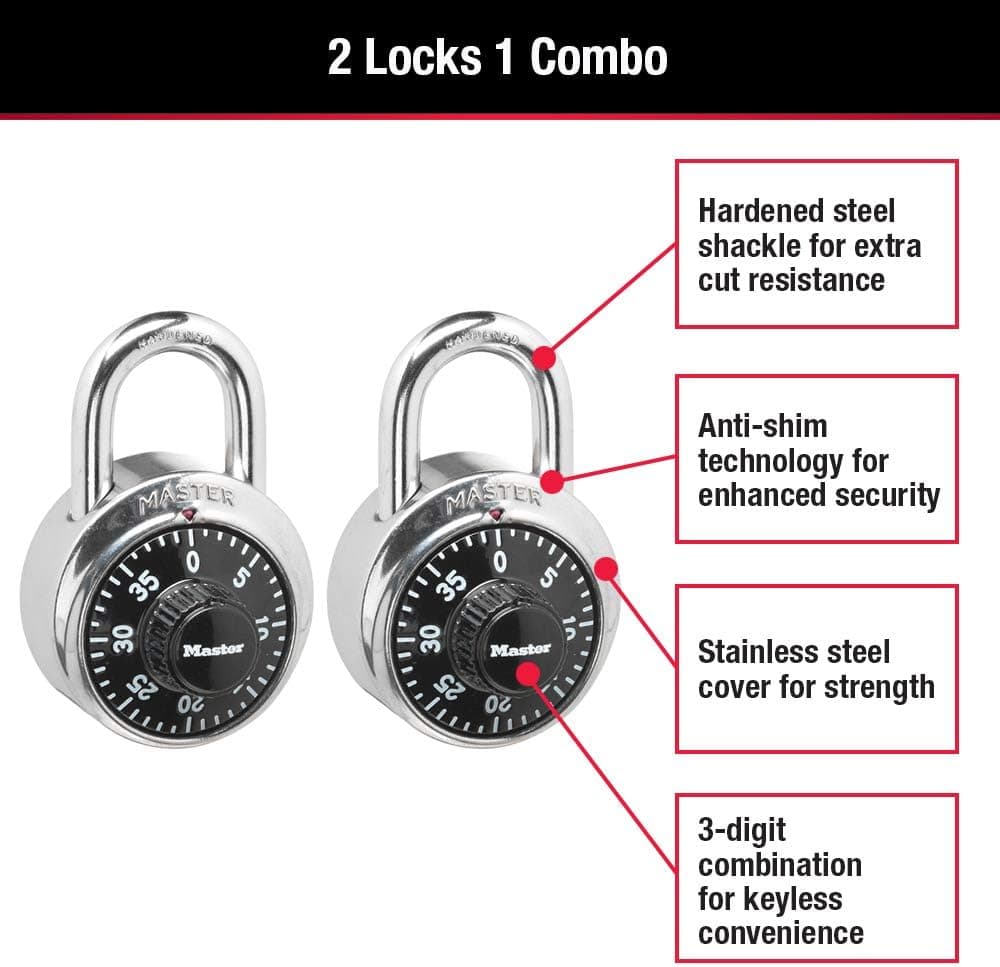 Master Lock Cadeado de combinação de cadeado preto para academia, cadeado interno com código predefinido de 3 dígitos para armários, armazenamento, pacote com 2, 1500T - Imagem 3