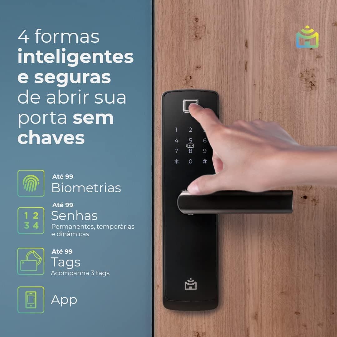 Smart Fechadura Digital Wi-Fi de Embutir Positivo Casa Inteligente, Abertura por Senha, Biometria, Tag, Chave e Aplicativo, Preta com Maçaneta - Imagem 3