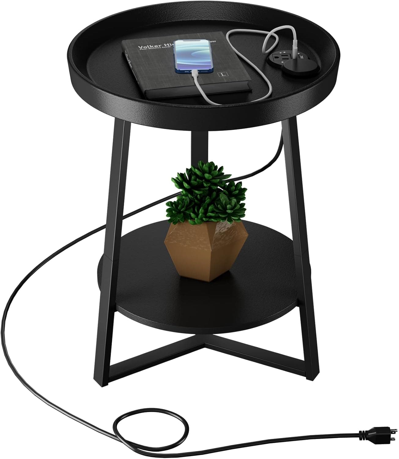 Gadroad Mesa de canto redonda com estação de carregamento, portas USB e cerca antiqueda, mesa de madeira e moldura de metal preto, mesa lateral de 2 camadas para sala de estar, quarto, preta 40 x 40 x