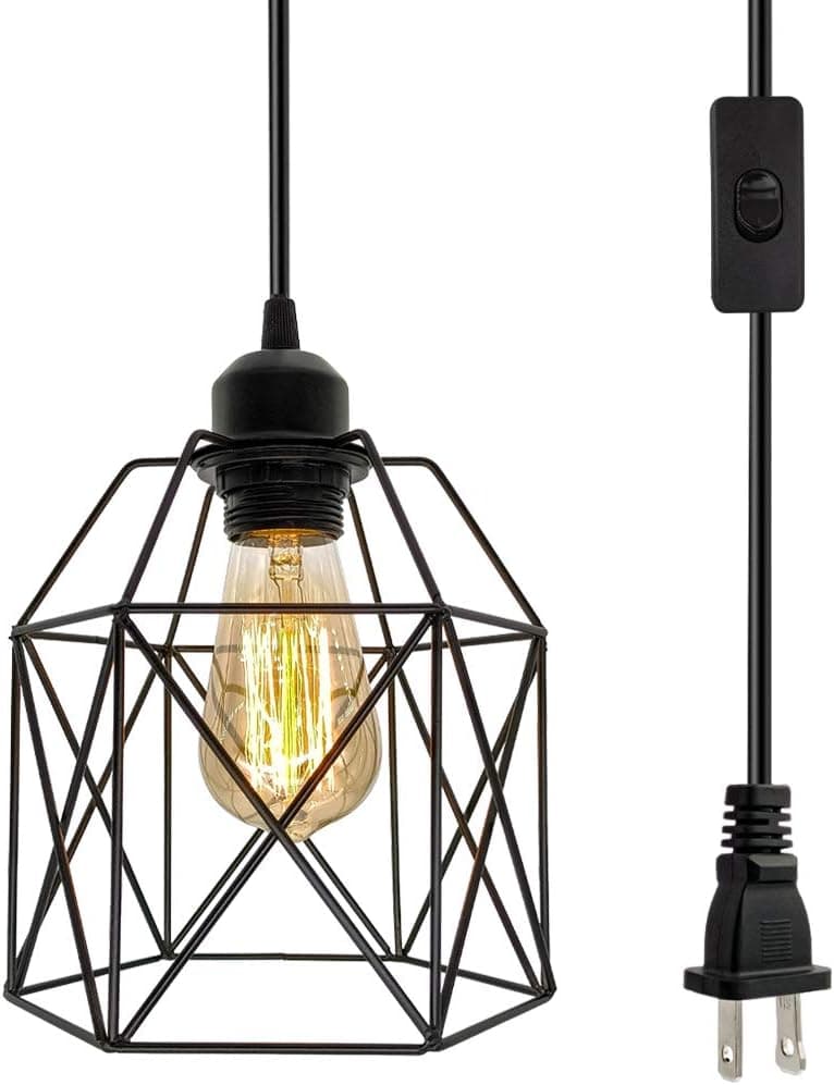 Luminária pendente de plugue industrial, luminária pendente de gaiola preta com interruptor liga/desliga, soquete E26, luz suspensa vintage, iluminação pendente de fazenda para cozinha, sala de