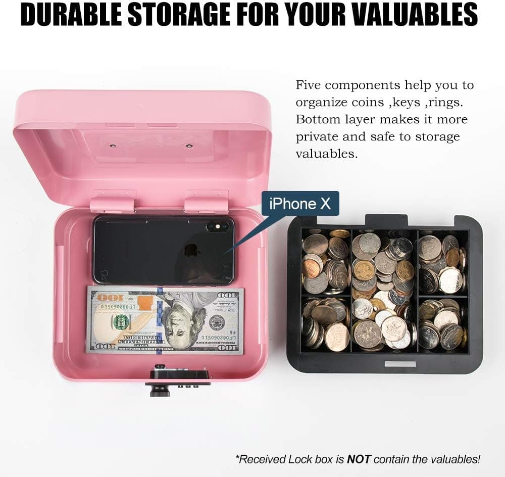 KYODOLED Caixa média para dinheiro com trava de combinação segura de metal com bandeja para dinheiro para caixa de segurança 19 x 16 x 9 cm, rosa médio - Imagem 3