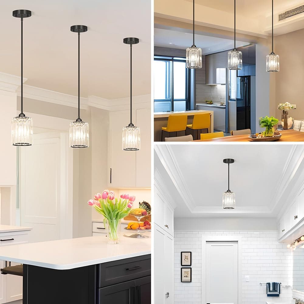 Luzes pendentes de cozinha pretas sobre a ilha com hastes ajustáveis - luminárias pendentes de cristal para teto inclinado, ideal sobre mesa de jantar ou bar, compatível com lâmpada E26, sem - Imagem 4