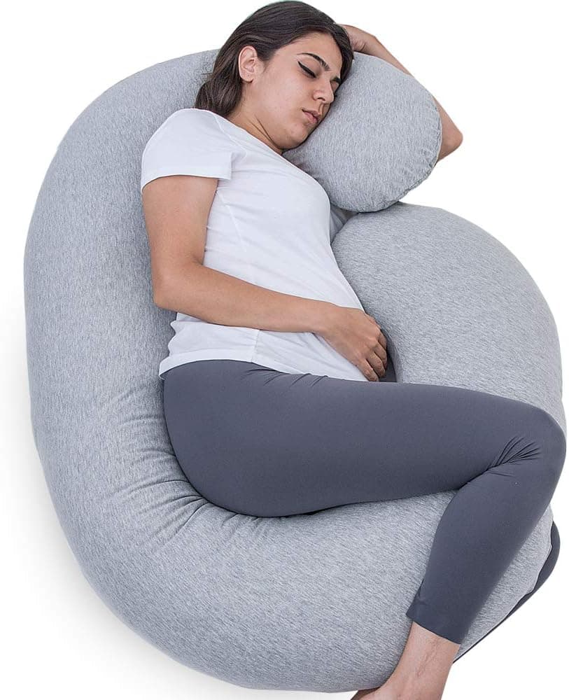 Travesseiro de gravidez, travesseiro de corpo inteiro em forma de C para suporte de maternidade, travesseiro de dormir para mulheres grávidas com capa de jérsei (cinza claro)
