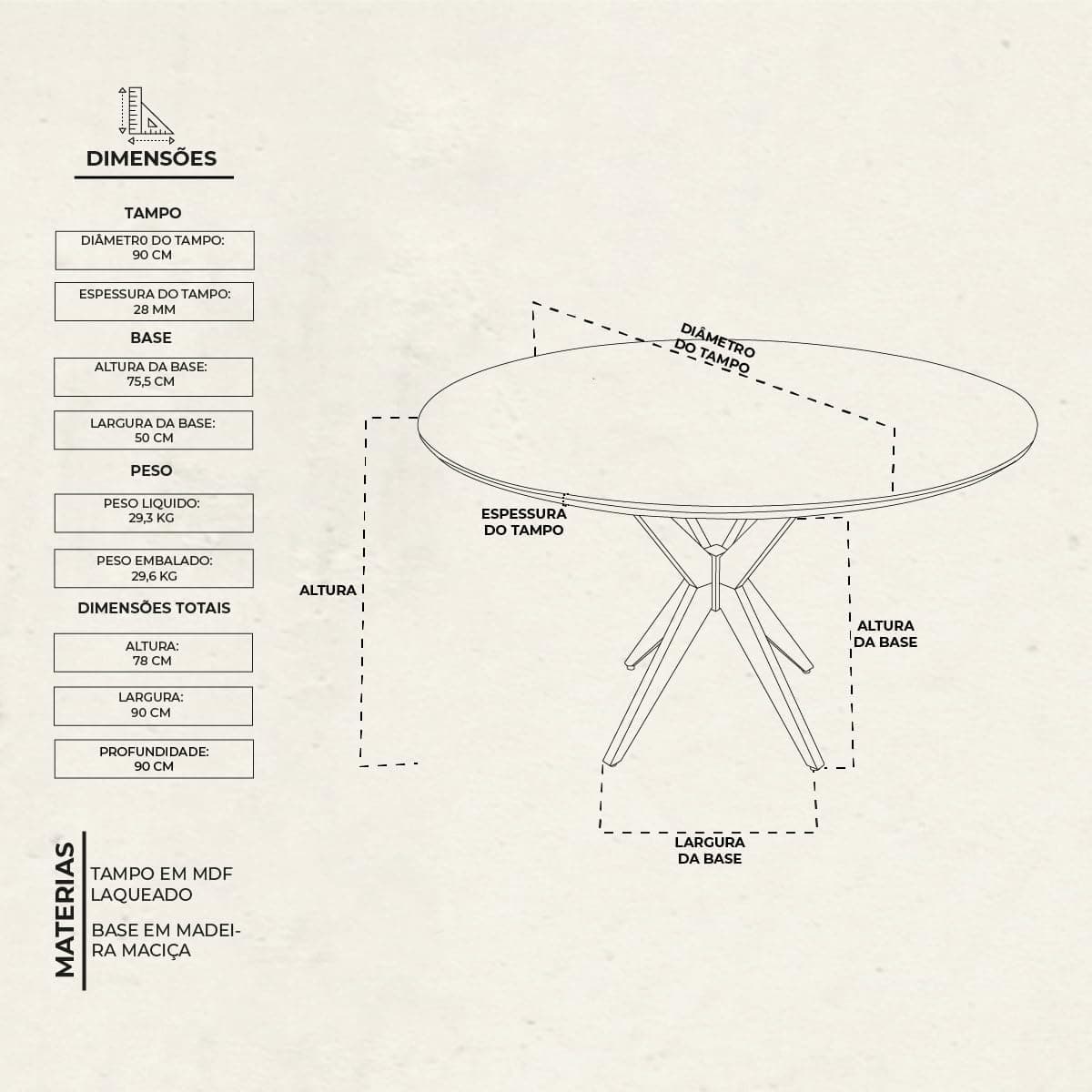 Mesa de Jantar Redonda Laqueada Tampo com Vidro Base Estrela em Madeira Maciça Mel (90 CM) - Imagem 3