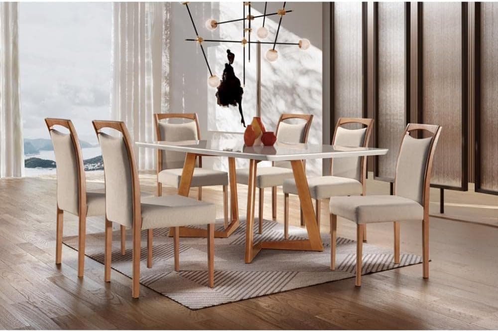 Conjunto Sala de Jantar Mesa Madeira Maciça 6 Cadeiras Safira Mobilare Imbuia Natural/off White/imbuia Natural