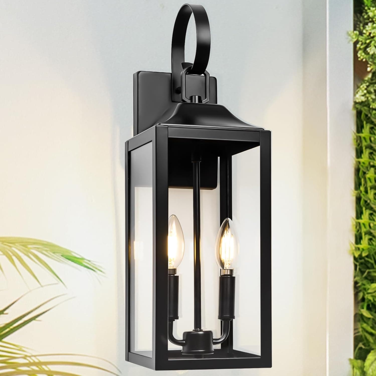19 Black Outdoor Wall Lantern 2-Light, Large Outside Modern Wall Sconce Light Fixture, Industrial Porch Light Wall Mount with Glass, Waterproof Farmhouse Exterior Lamp Lighting (1