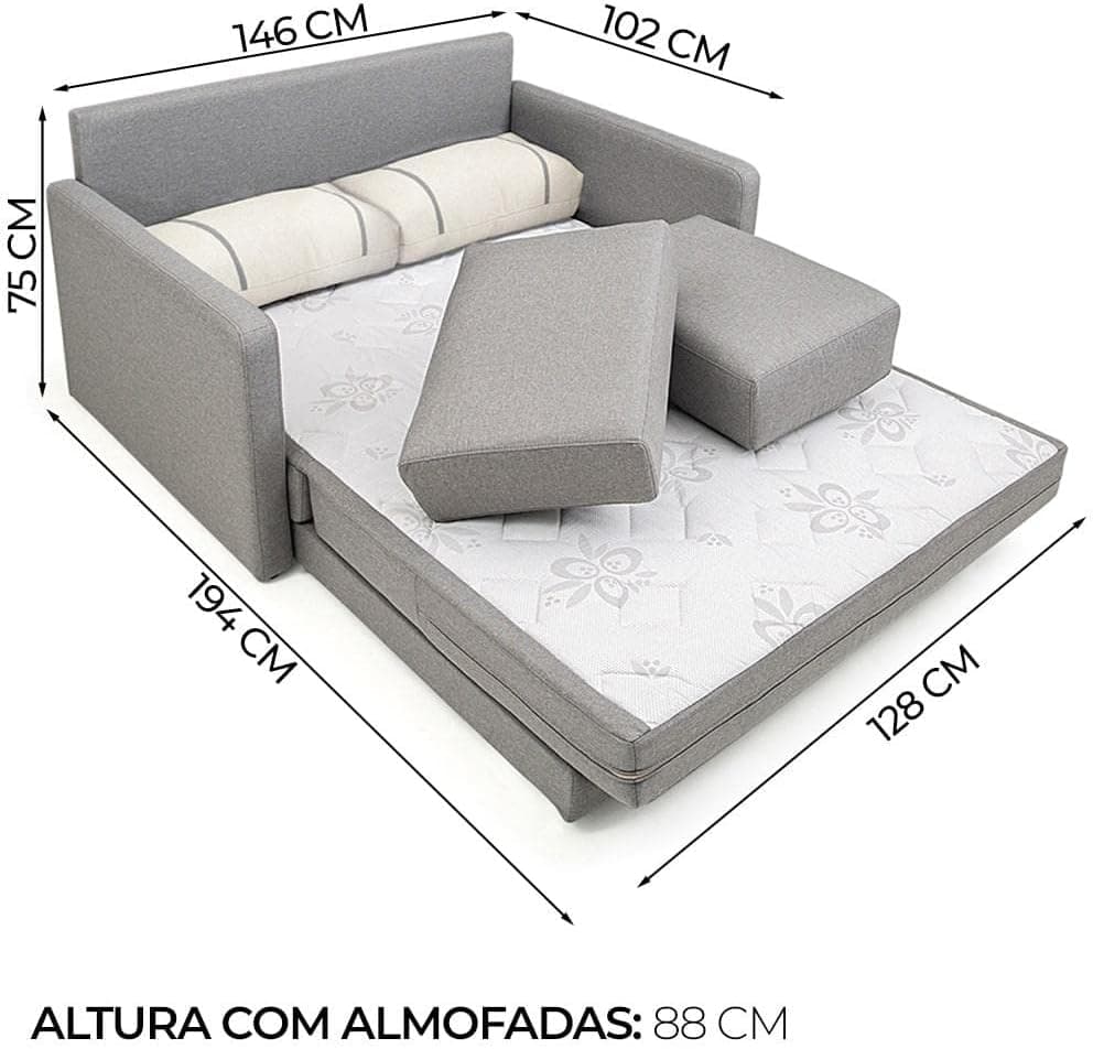 Sofá-cama Herval Aurora, com Colchão de Casal, 2 Lugares, Linho Chumbo - Imagem 3