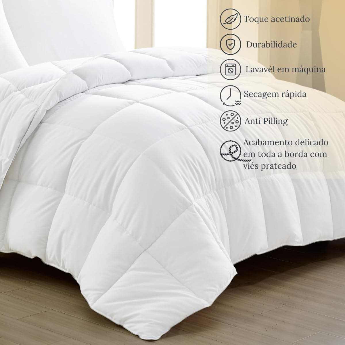 Edredom Toque de Plumas Dupla Face, Microfibra Plumage Liso Quadriculado (Branco, King) - Imagem 4