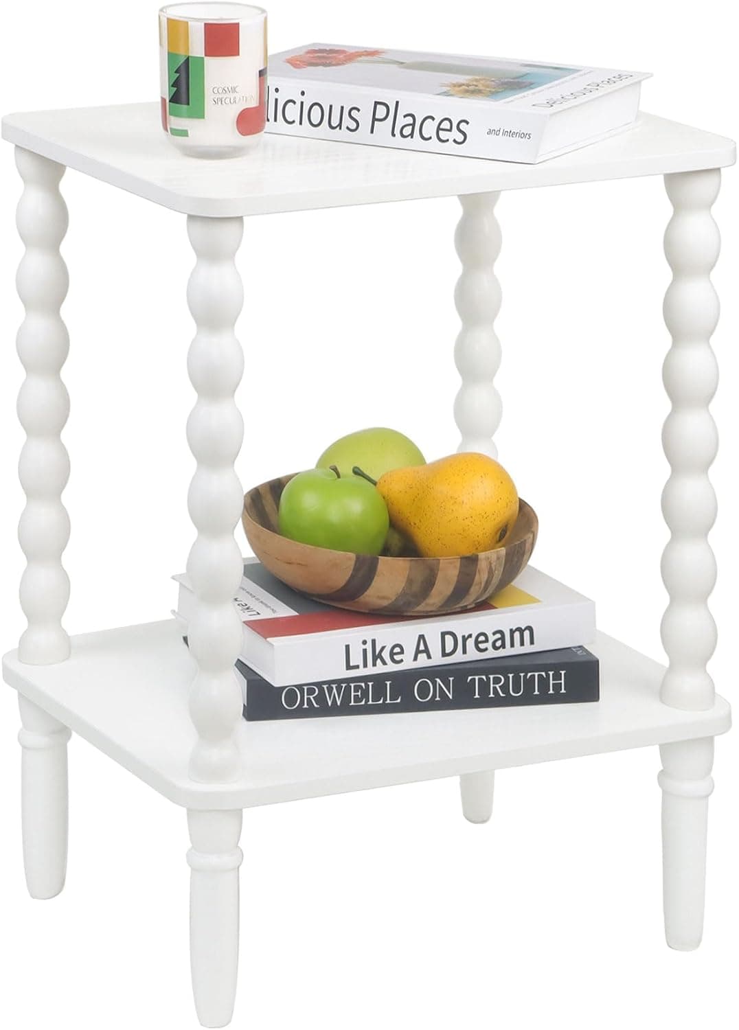 Mesa de canto branca, mesa lateral pequena com prateleira de armazenamento, mesa de cabeceira moderna de 2 pneus para quarto, sala de estar, espaços pequenos (branco)