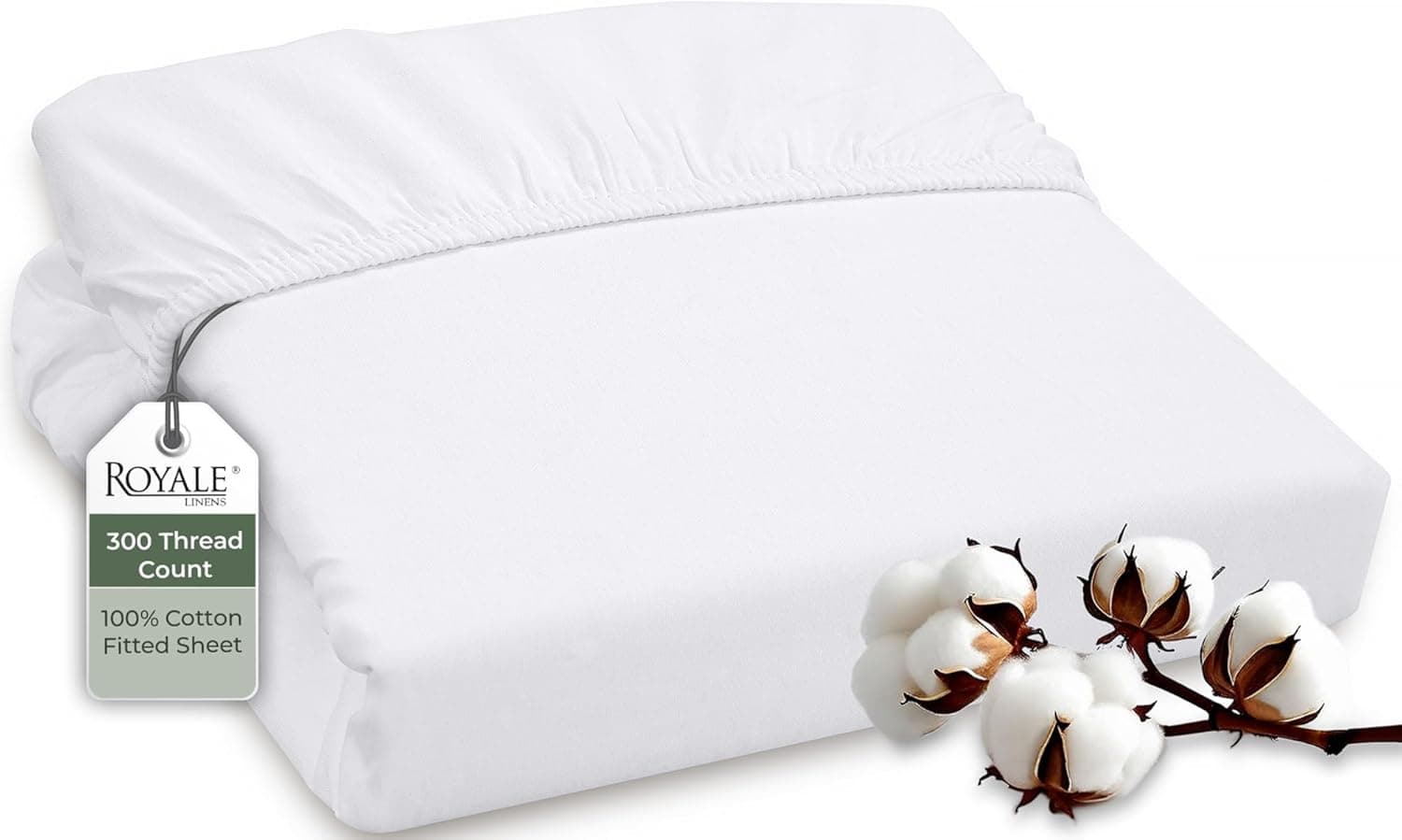ROYALE LINENS Conjunto de lençóis de 300 fios 100% algodão penteado longo - 4 peças de lençol de casal - 1 elástico, 1 plano, 2 fronhas - Conjunto de lençóis macios e frescos (casal, branco) - Imagem 2