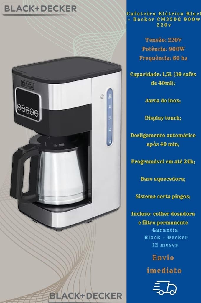 BLACK+DECKER Cafeteira Elétrica 220 V Inox, Filtro Permanente e Lavável, Capacidade 1,5 L, Ate 38 Cafézinhos, Painel Digital, Modelo CM350G-B2 - Imagem 3