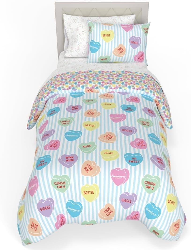 Jogo de cama de solteiro Sweethearts original, 5 peças, macio, aconchegante, nostalgia, reversível e conjunto de lençol com capa, produto oficialmente licenciado por Franco