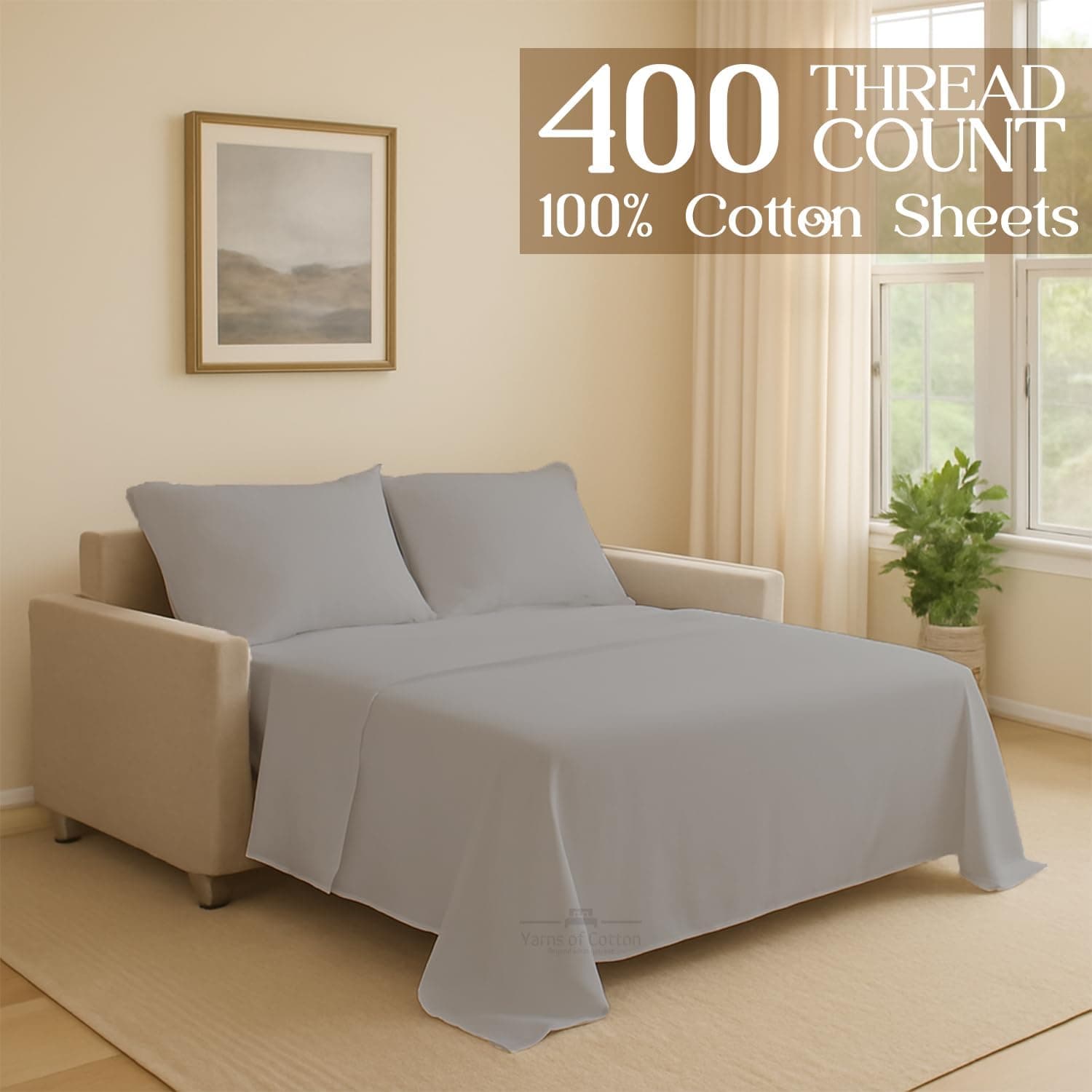 Conjunto de lençóis para sofá-cama - Lençóis de sofá-cama cinza liso prateado completo - 100% algodão 400 fios - Conjunto de lençóis para sofá-cama com 4 peças - Lençóis de sofá-cama - Serve para - Imagem 3