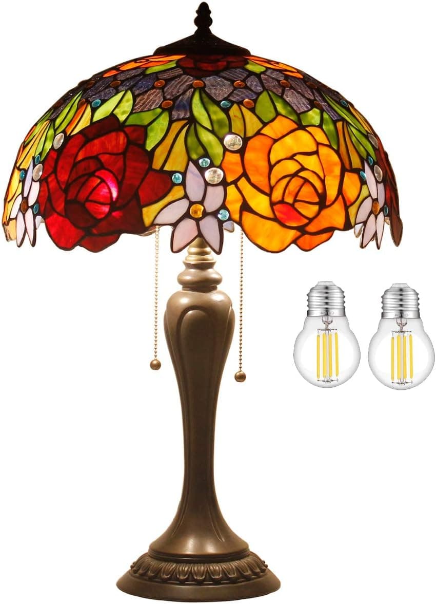 Tiffany Abajur de mesa vitral para sala de estar quarto 60 cm de altura rosa vermelha grande luxuosa fazenda tradicional luz de mesa industrial base de metal antigo WERFACTORY Lâmpada LED incluída