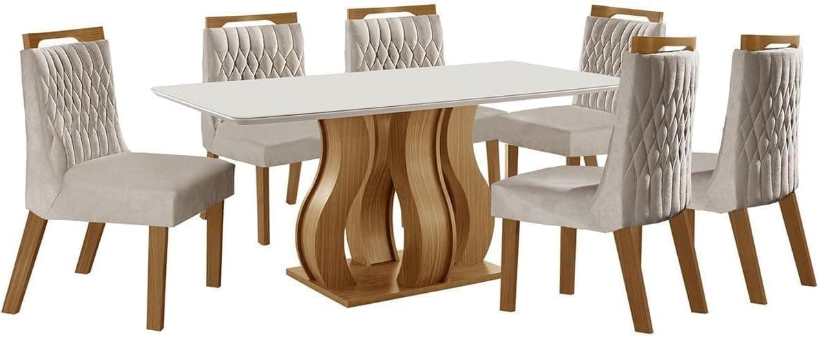 Mesa de Jantar Nuance 180x0,90cm 6 Cadeiras Modernas Atena Castanho Cinamomo/Pena Bege/Off White - Imagem 3