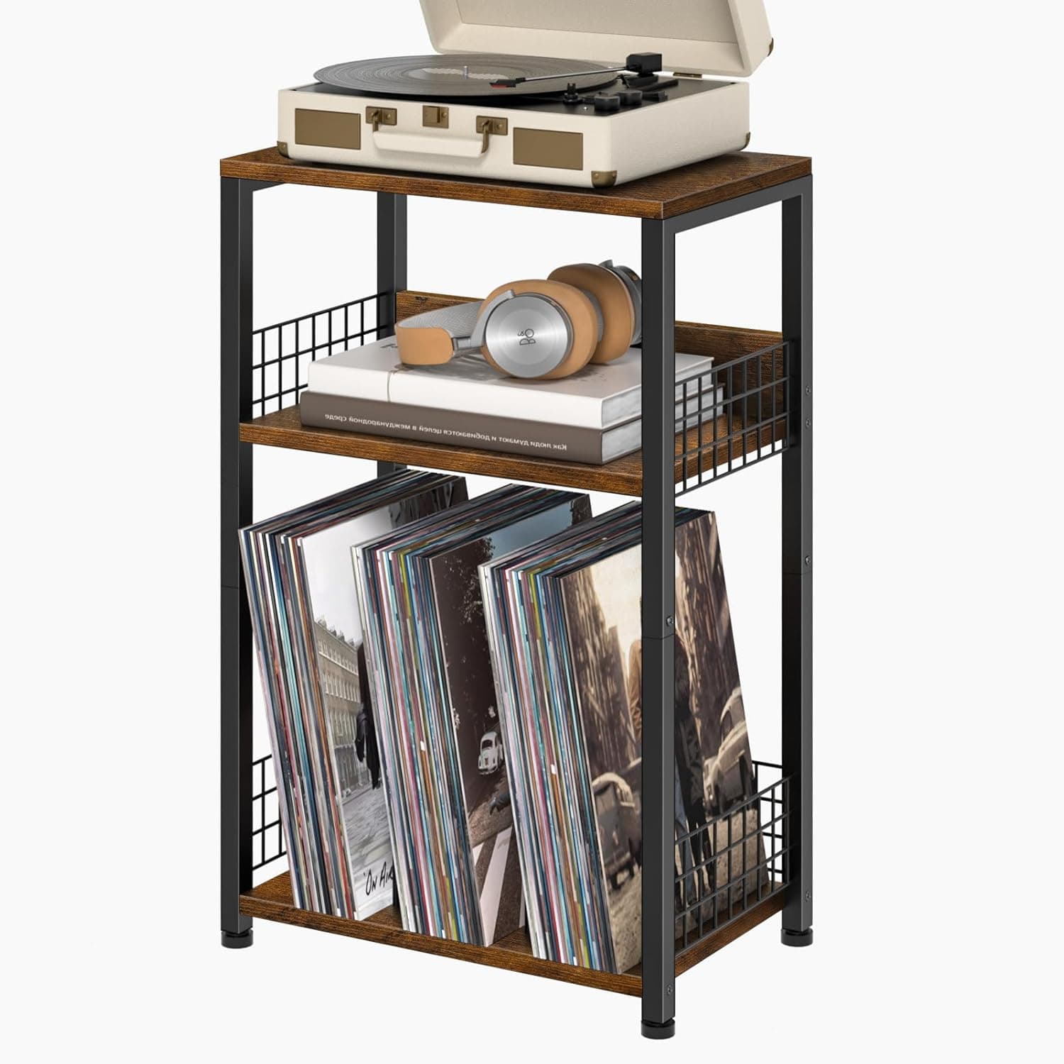 LELELINKY Mesa Final com Estação de Carregamento, Mesa de Cabeceira Marrom com Portas USB e Tomadas, Suporte para Toca-Discos de 3 Camadas com Prateleira de Armazenamento de Vinil, Sofá, Mesas Laterai
