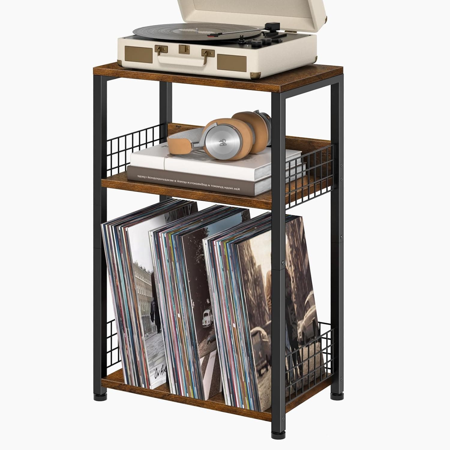 LELELINKY Mesa Final com Estação de Carregamento, Mesa de Cabeceira Marrom com Portas USB e Tomadas, Suporte para Toca-Discos de 3 Camadas com Prateleira de Armazenamento de Vinil, Sofá, Mesas Laterai