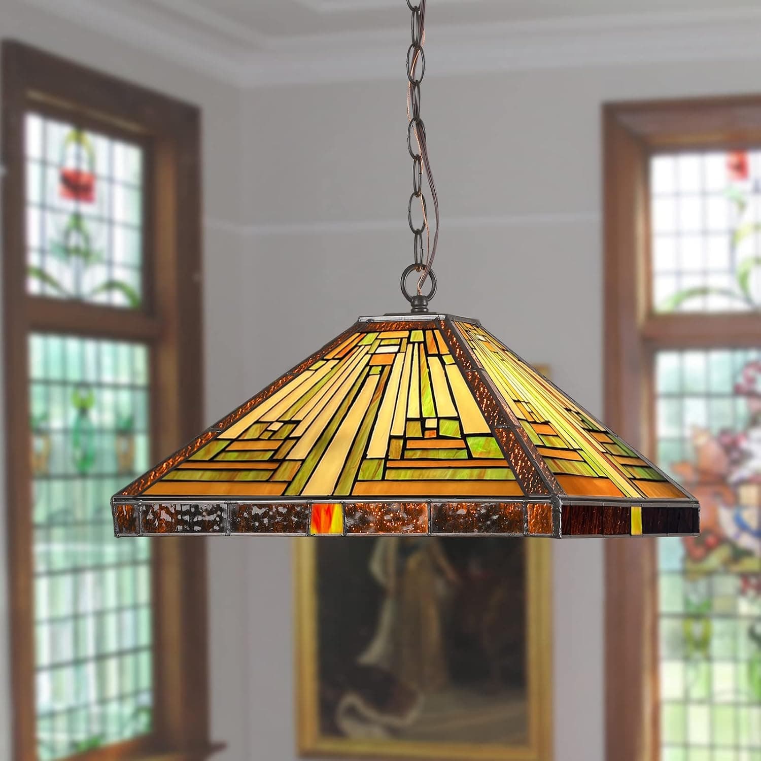 Capulina Luminária pendente Tiffany com 2 luzes, 40,64 cm de largura, estilo vintage, vitrais, decoração para cozinha, ilha e sala de jantar