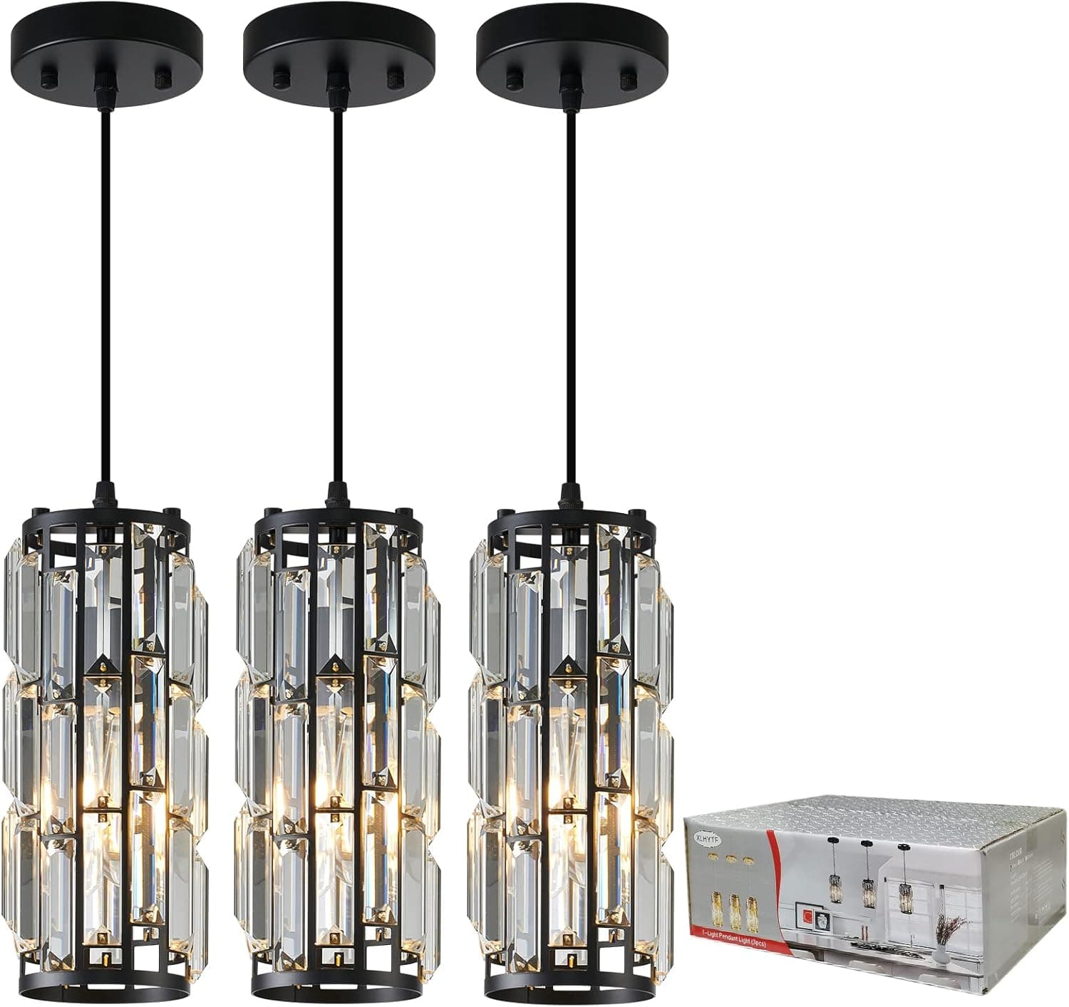 Iluminação Pendente Preta Moderna Luminária Pendente, Luzes Pendentes Ilha de Cozinha Luminária Pendente de Cristal, Mini Lustres de Cristal para Cozinha, Sala de Jantar e Quarto (Pacote com 3)