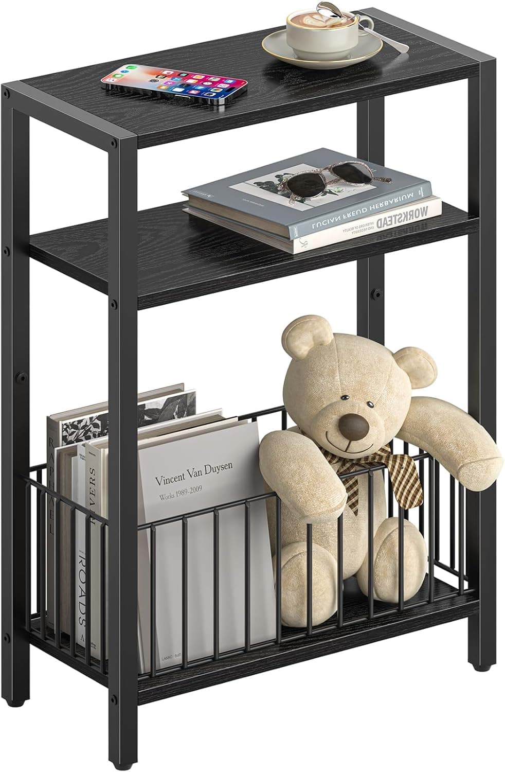 Yoobure Mesa lateral estreita com cesta de armazenamento, mesa de canto pequena para espaços pequenos, mesas laterais skinny, sala de estar, quarto, escritório, mesa de cabeceira fina, 3 andares