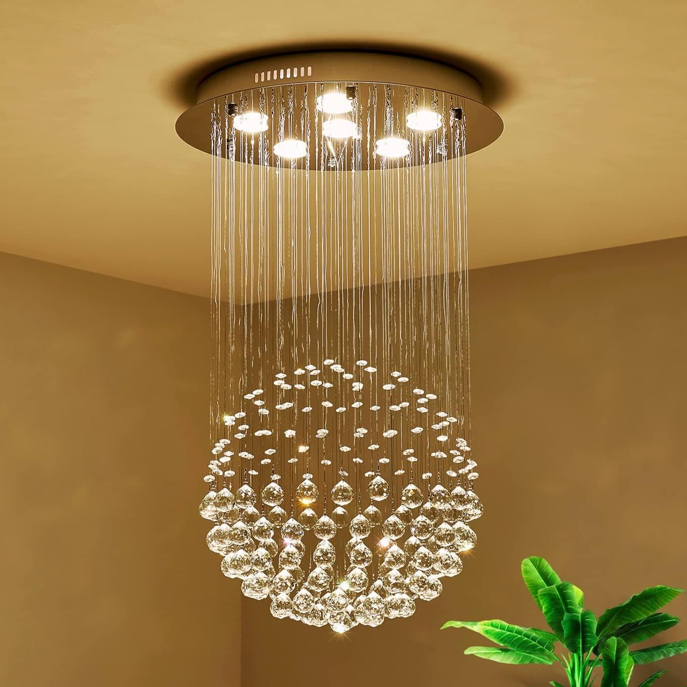 Lustre de São Mossi Moderno K9 Lustre de cristal de chuva com montagem embutida Luminária de teto LED Luminária pendente para sala de jantar, banheiro, quarto, sala de estar, 6 GU10 Lâmpadas de LED necessárias H32 X D18