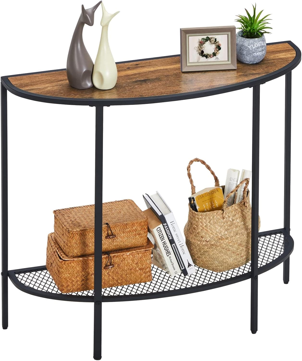 SAYGOER Mesa de entrada de 2 níveis pequena mesa de console com armazenamento meia lua sofá sofá mesa moderna de entrada estreita meados do século, 92 cm P x 30 cm L x 80 cm A, fácil montagem