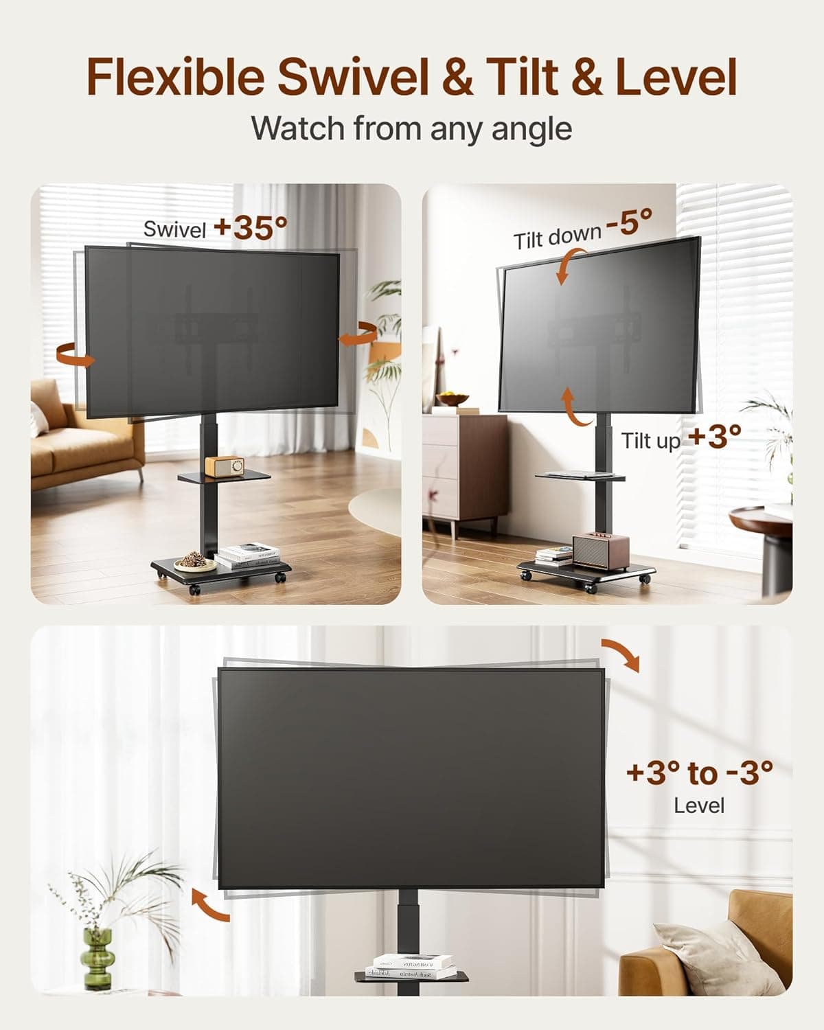 Suporte de TV com base de aço para TVs de 32 a 75 polegadas até 50 kg, suporte de TV móvel de nivelamento, inclinação e giratório com gerenciamento de fio oculto, suporte de TV portátil - Imagem 3