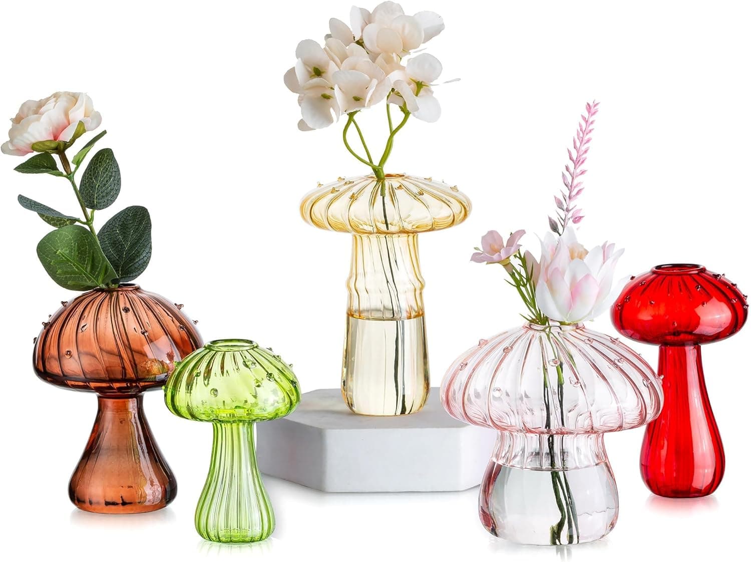 Glasseam Vasos de flor de cogumelo: conjunto de 5 vasos pequenos de vidro colorido fofo para flores, vasos decorativos estéticos exclusivos para decoração de casa, vaso de plantas hidropônicas interno