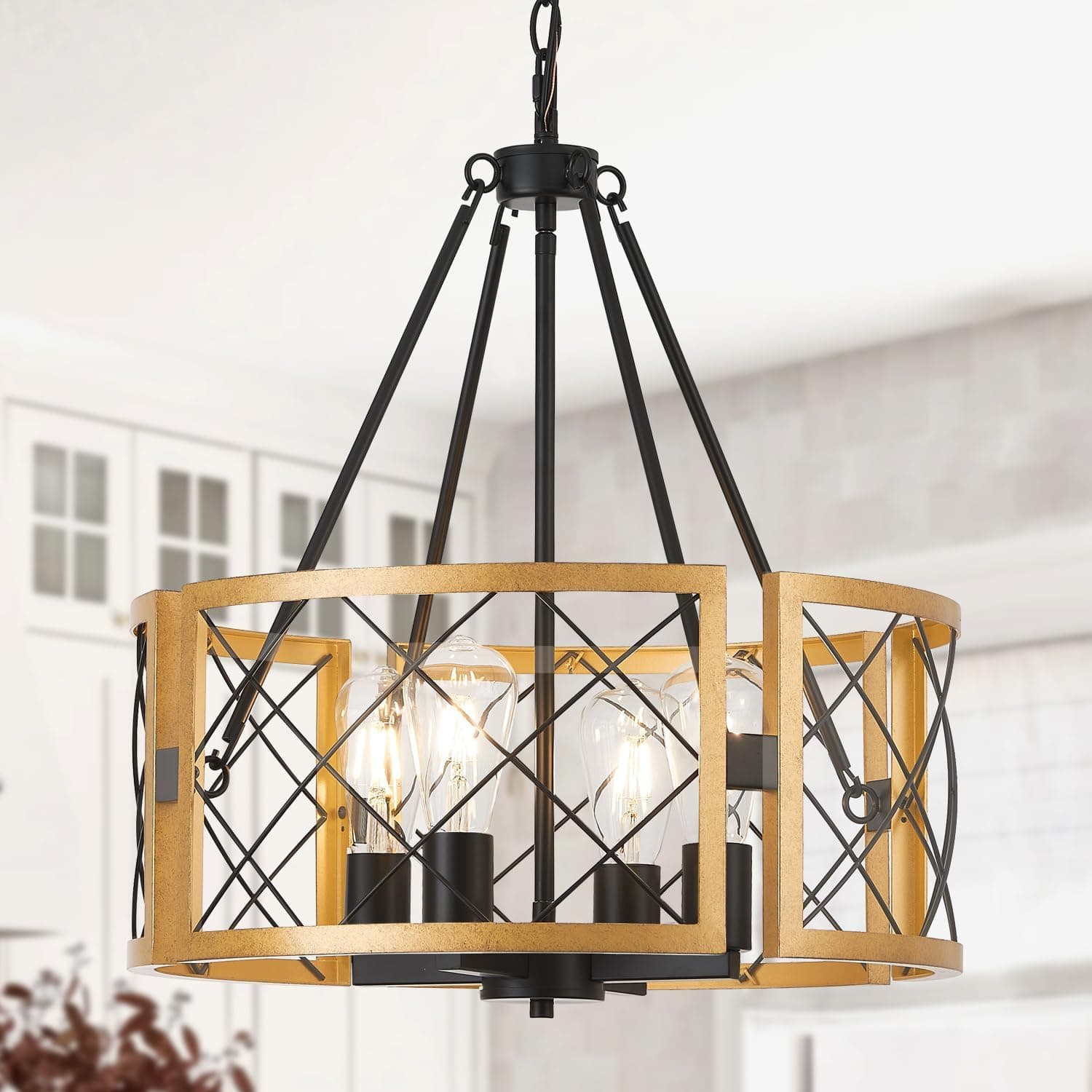 D19'' Lustre moderno para casa de fazenda, 4 luzes para sala de jantar, preto e dourado, luminária pendente de ilha de cozinha para mesa de jantar, hall de entrada, quarto, sala de estar.
