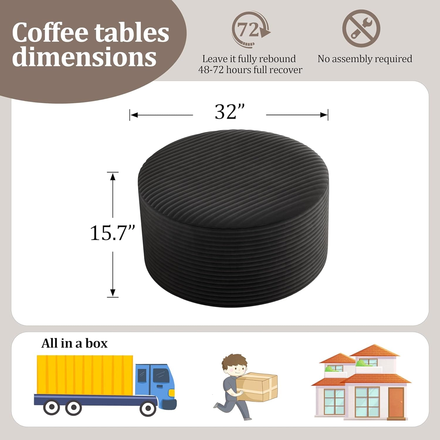 Conjunto de 2 mesas de centro, mesa lateral redonda estofada de veludo cotelê redondo para sala de estar, conjunto de entrada, 81 cm + 43 cm apoio para os pés sem montagem (preto, 81 cm) - Imagem 3