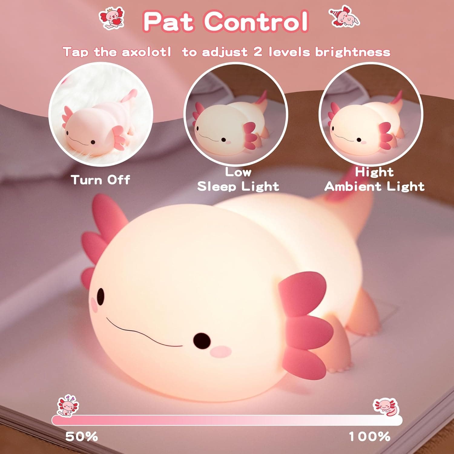 Lâmpada Axolotl, linda luz noturna para crianças, temporizador regulável, luz noturna de berçário de animais, adorável lâmpada de toque de cabeceira recarregável e macia, decoração de quarto - Imagem 3