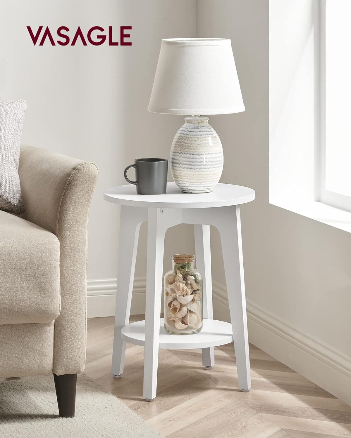 VASAGLE Mesa Lateral Redonda com Prateleira Inferior, Mesa de Apoio para Espaços Pequenos, Criado-Mudo para Sala de Estar, Quarto, Branco BRLET283T14V1 - Imagem 3