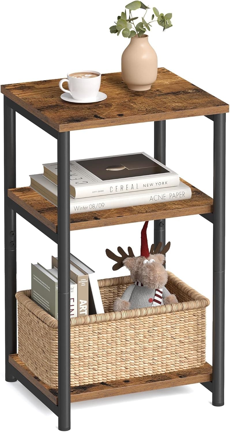 VASAGLE Mesa Lateral para Sofá, Mesa de Apoio de 3 Níveis, Mesa de Cabeceira com Estrutura de Aço, para Sala de Estar, Quarto, Escritório, Estilo Industrial, Marrom Rústico e Preto Tinta BRLET273B01