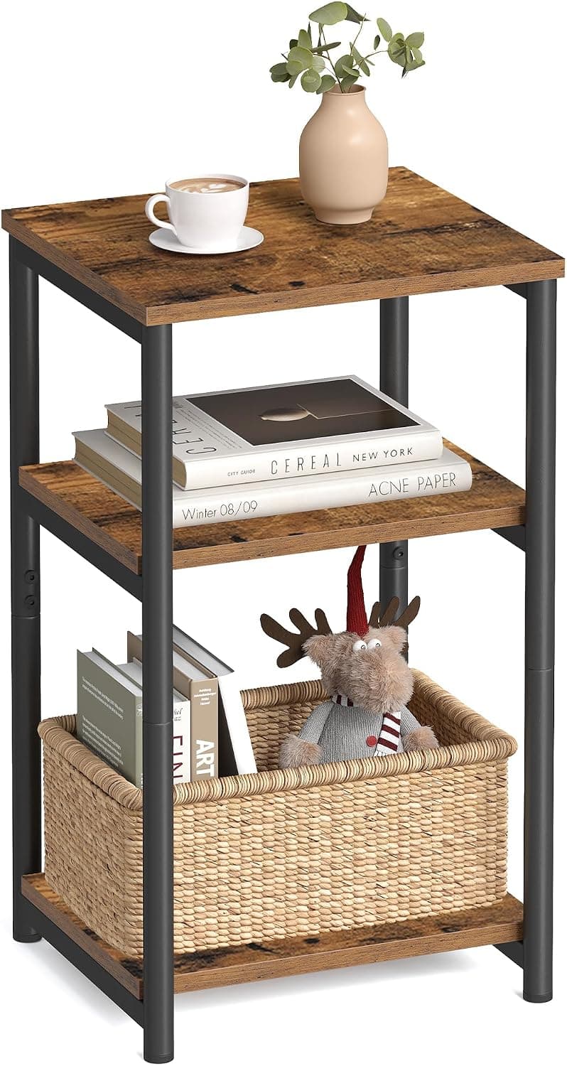 VASAGLE Mesa Lateral para Sofá, Mesa de Apoio de 3 Níveis, Mesa de Cabeceira com Estrutura de Aço, para Sala de Estar, Quarto, Escritório, Estilo Industrial, Marrom Rústico e Preto Tinta BRLET273B01