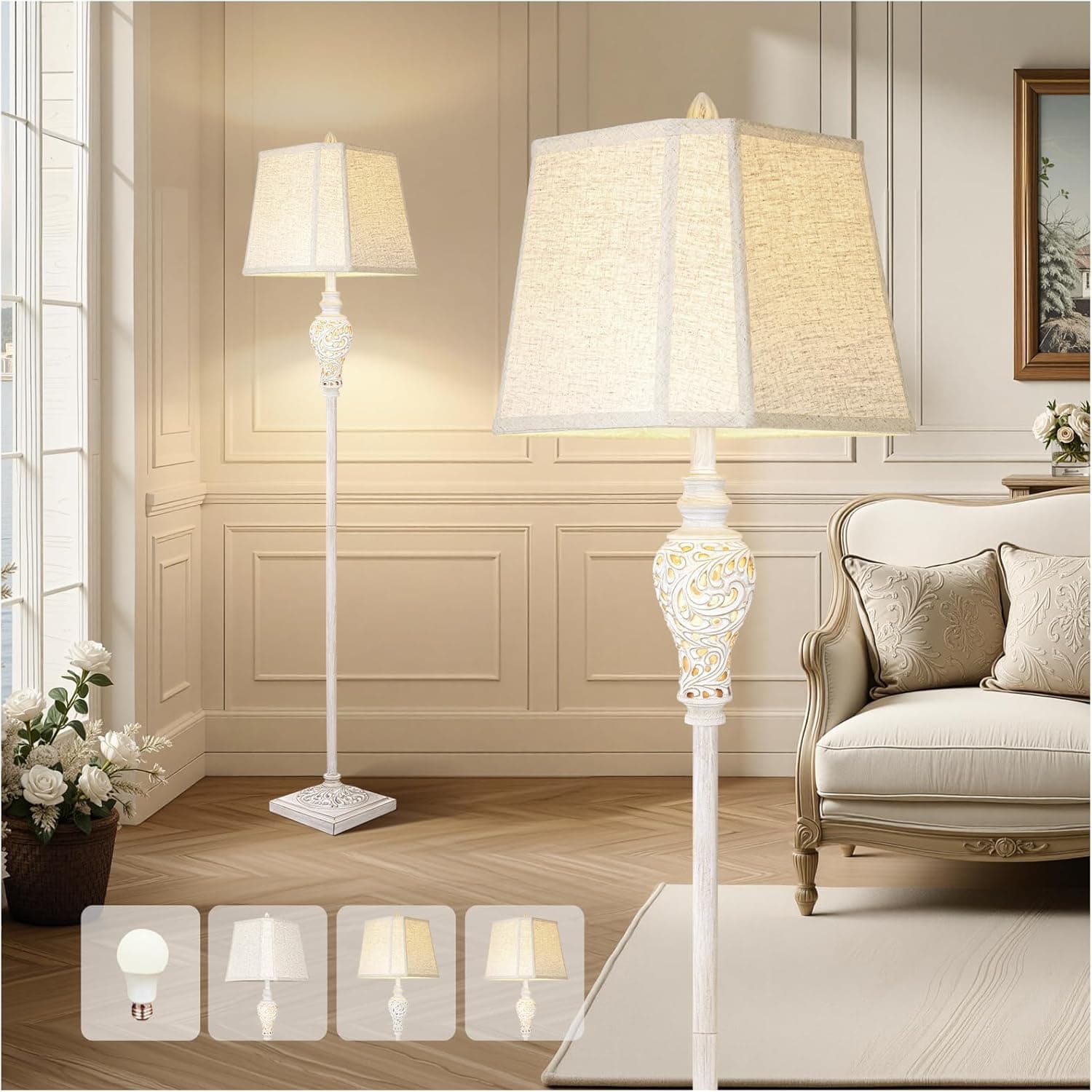 Luminária de chão para sala de estar, luminária de pé vintage com luz noturna, lâmpada de 165 cm de altura com sombra de linho branco, luminária de chão rústica de fazenda para