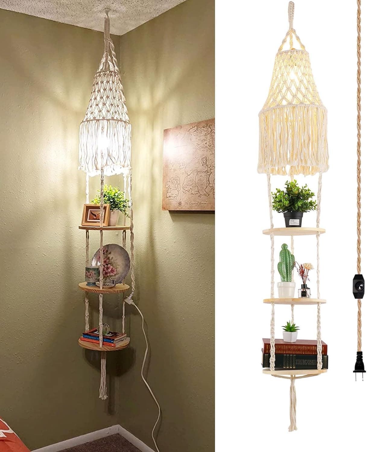 Luminária suspensa Boho Plug in com cabo de encaixe, interruptor regulável, lâmpada de macramê e suporte de plantas para pendurar em ambientes internos para decoração boêmia, quarto, canto e