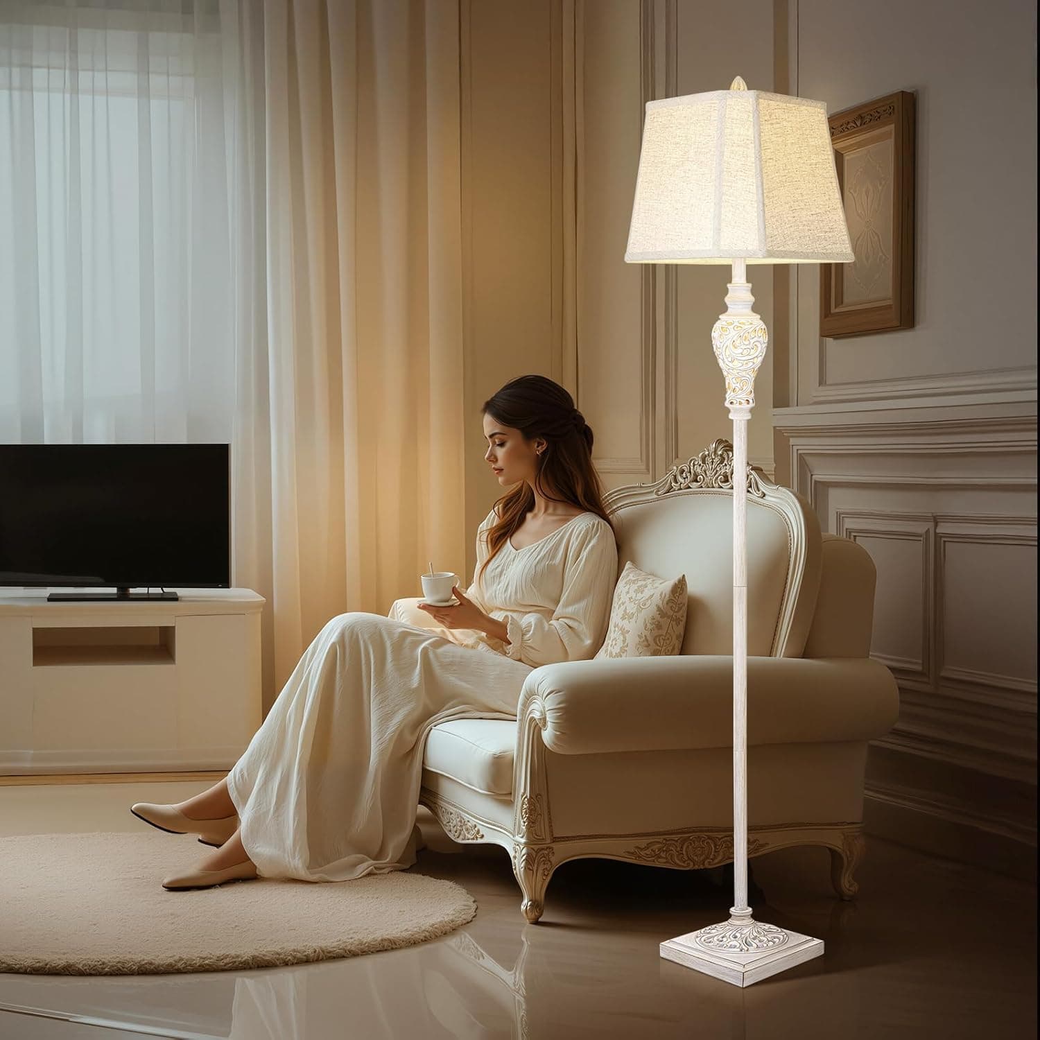 Luminária de chão para sala de estar, luminária de pé vintage com luz noturna, lâmpada de 165 cm de altura com sombra de linho branco, luminária de chão rústica de fazenda para - Imagem 4