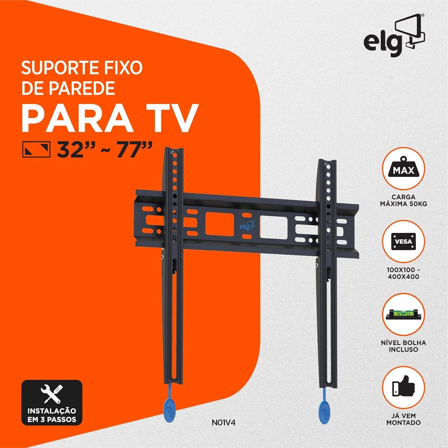 ELG, N01V4, Suporte Fixo de Parede para TVs de 32" a 77", Compatível com TVs Curvas e Planas, Feito em Aço Carbono, Suporta Até 50kg, Preto - Imagem 3