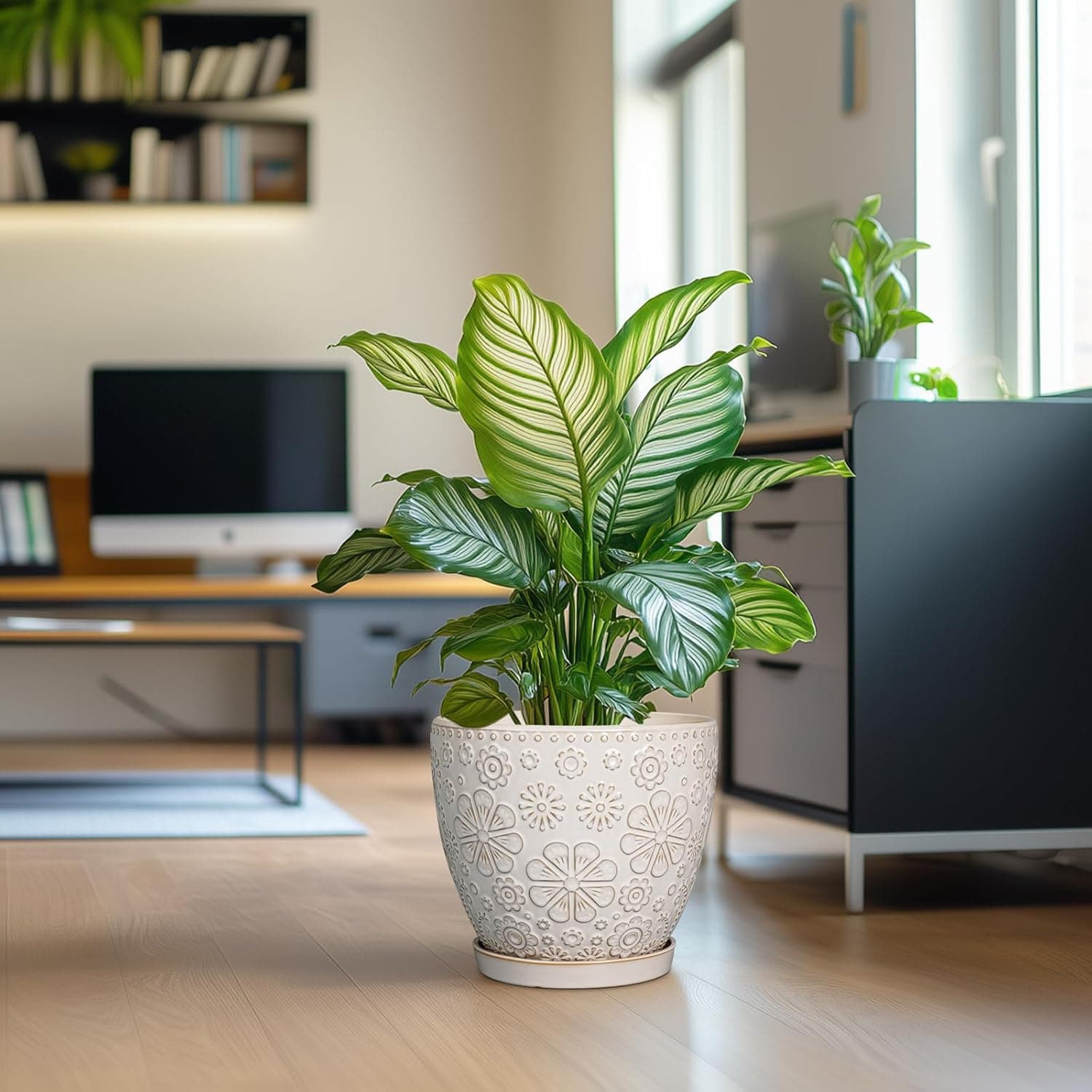 Vaso grande de cerâmica de 25,4 cm para plantas de interior, vaso de flores redondo ao ar livre com orifício de drenagem e pires para decoração de jardim doméstico branco - Imagem 3