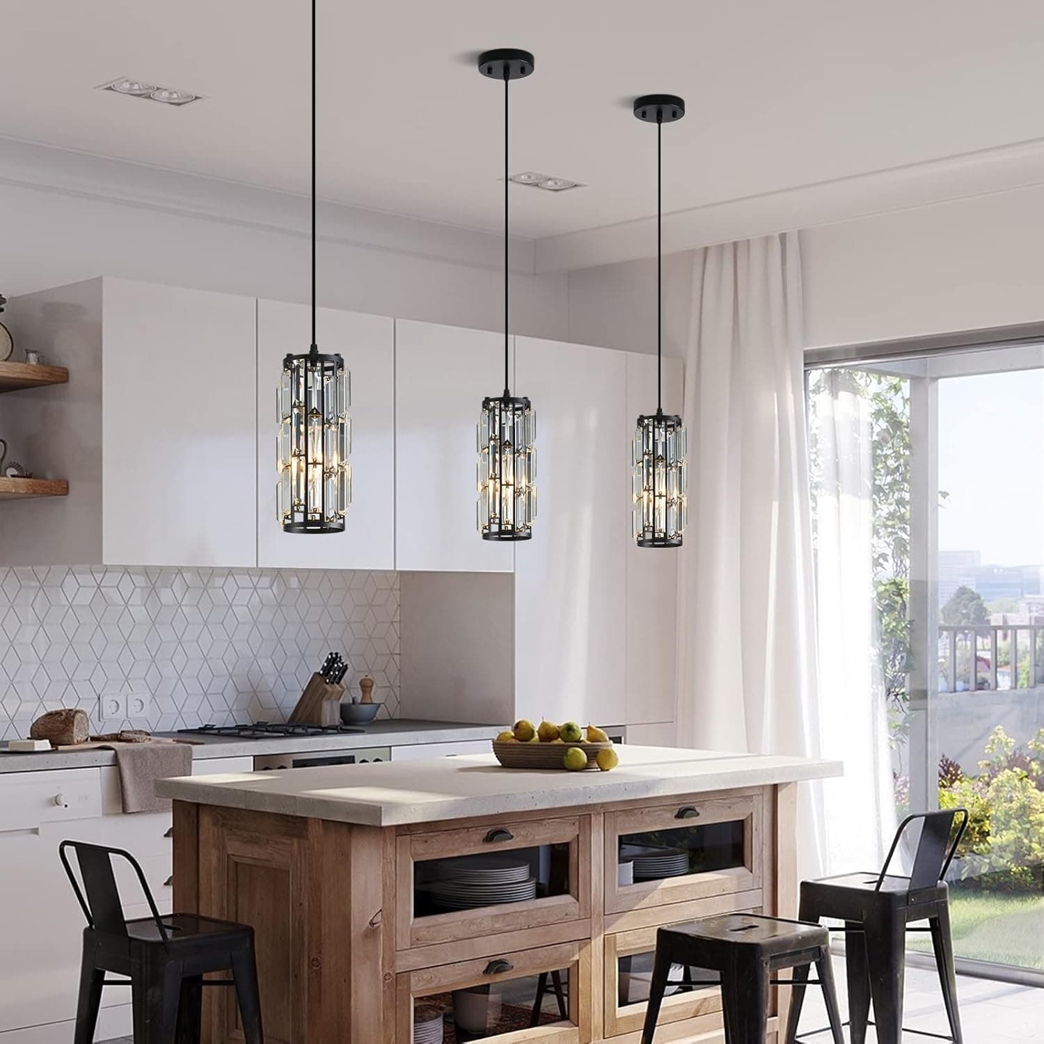 Iluminação Pendente Preta Moderna Luminária Pendente, Luzes Pendentes Ilha de Cozinha Luminária Pendente de Cristal, Mini Lustres de Cristal para Cozinha, Sala de Jantar e Quarto (Pacote com 3) - Imagem 4